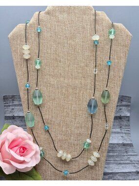 Chico's Boho Beaded Long 64" Cord Necklace Frosted Green Blue Spring Summer